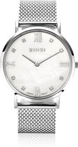 ZINZI Roman horloge witte parelmoer wijzerplaat, witte zirconia's bij uuraanduiding, stalen mesh band 34mm extra dun ZIW521M