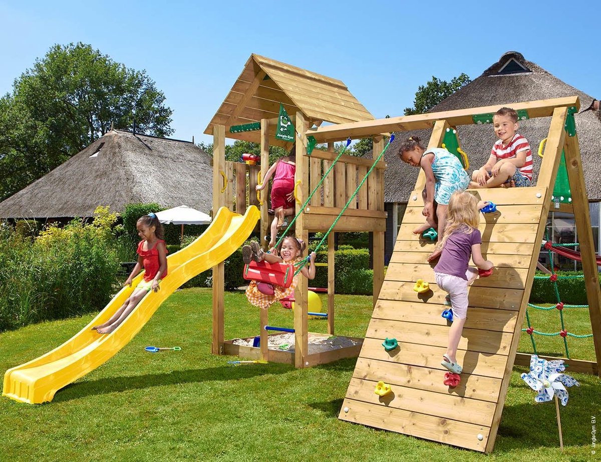 Jungle Gym Cabin Climb Houten Klimrek Met Glijbaan Geel