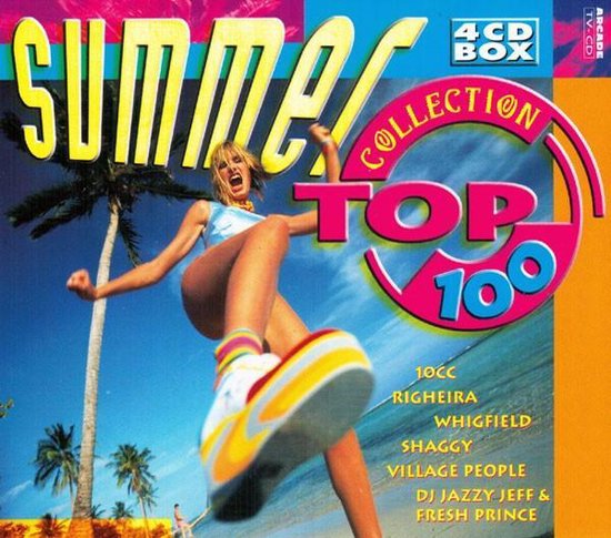 Zomer Top 100 CD box met een vrouw in sportkleding die springt, palmbomen en strand.