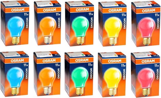 10 stuks Osram gloeilamp gekleurd 11W E27 5 kleuren. | bol.com