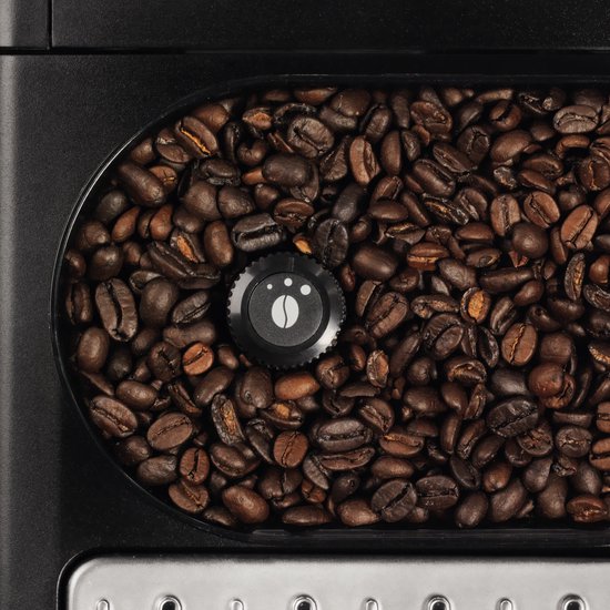 Zicht op bonenreservoir met maalinstelling op zwarte Krups espressomachine.
