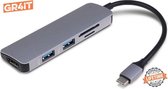 5 in 1 Premium USB-C Hub Adapter – Type C HUB – USB-C Expander - Multifunctioneel met 4K HDMI + 2x USB3.0 + SD/Micro SD Kaartlezer –  4K 30hz (3840x2160) – Zilver Grijs / Spacegray