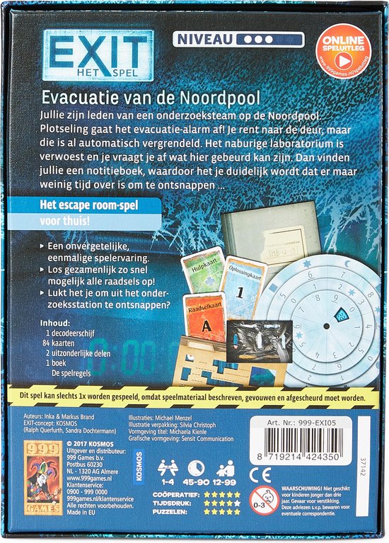Achterkant van de doos van het spel 'EXIT - Evacuatie van de Noordpool'. Toont spelonderdelen en spelbeschrijving.