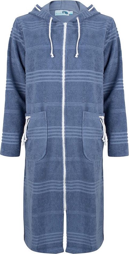 ZusenZomer stoere Dames badjas met rits en capuchon - sauna badjas ochtendjas kamerjas saunajas - badstof - Blauw - S/M (maat 36/38) -