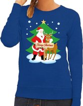 Foute kersttrui / sweater met de kerstman en rendier Rudolf blauw voor dames - Kersttruien XL (42)