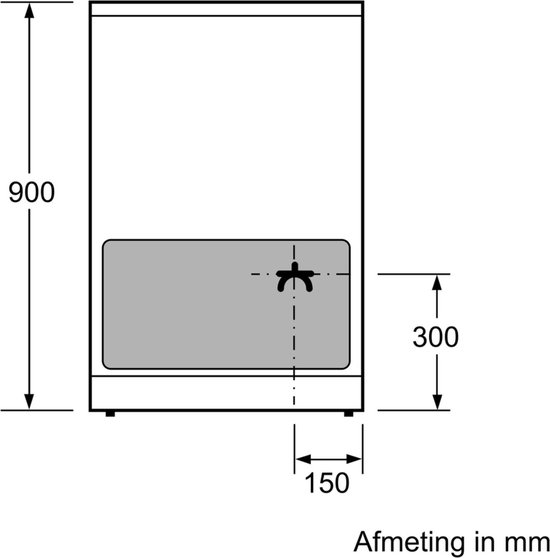 Achterkant van een fornuis met afmetingen.