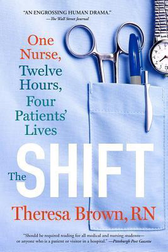 Boek kaft met de titel 'The Shift', over een verpleegkundige, met een zak met medische instrumenten en een horloge.