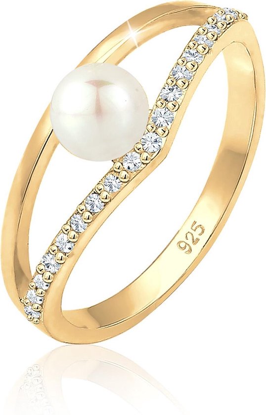 Elli Dames Ring Dames Elegant Geo Design met zoetwater gekweekte parel en kristallen in 925 sterling zilver verguld