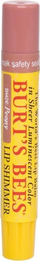 Burt's Bees Lip Shimmer in Peony, met een gele en roze verpakking.