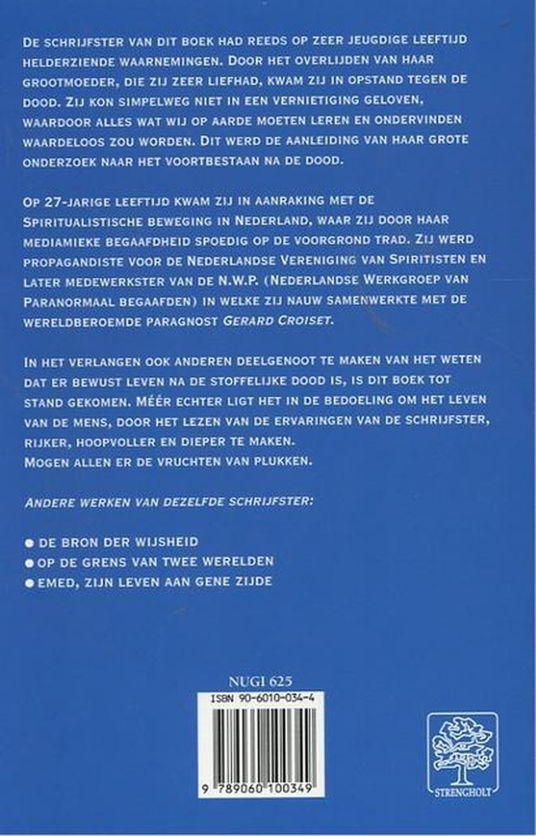Achterkant van het boek DE DODEN SPREKEN, met tekst over de schrijfster, haar gave en andere werken.