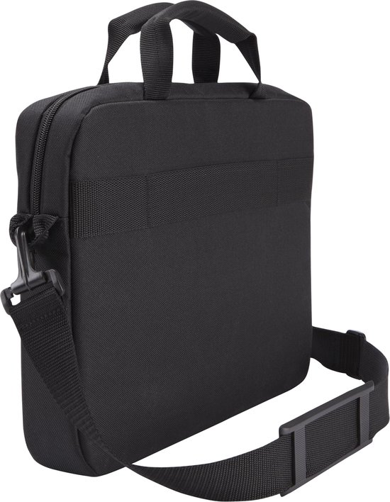 Zwarte laptoptas met handvatten en schouderband, van de achterkant bekeken.