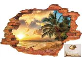 Decoratieve Muursticker 3D - Gat in muur - Zonsondergang met palmbomen - Wanddecoratie sticker