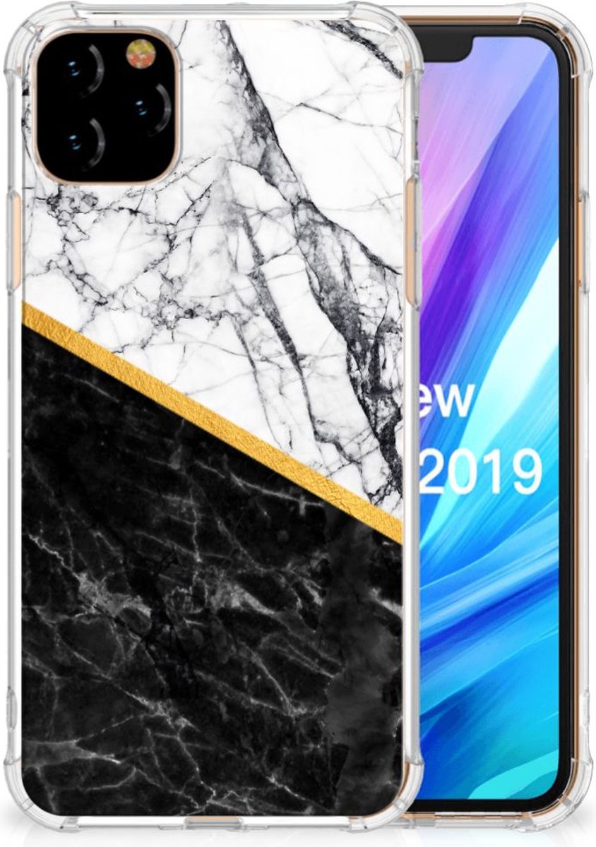 Apple iPhone 11 Pro Max Anti-Shock Hoesje Marmer Wit Zwart - Origineel Cadeau Man