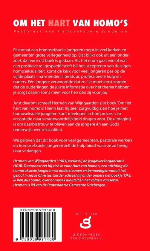 Achterkant van het boek "Om het hart van homo's". Rood met witte tekst. ISBN en barcode onderaan.