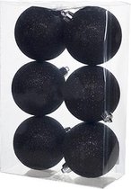 6x Zwarte kunststof kerstballen 8 cm - Glitter - Onbreekbare plastic kerstballen - Kerstboomversiering zwart