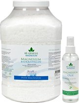 Ré-genesis Magnesiumolie 200 ml spray en 4 kg Magnesium Badkristallen Vlokken – Magnesium Badzout – Voetenbad - Magnesiumchloride voor spieren