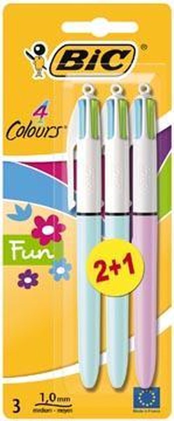 Bic 4 Colours Fun, balpen, 0,32 mm, 4 pastel inktkleuren, blister van 2 ...