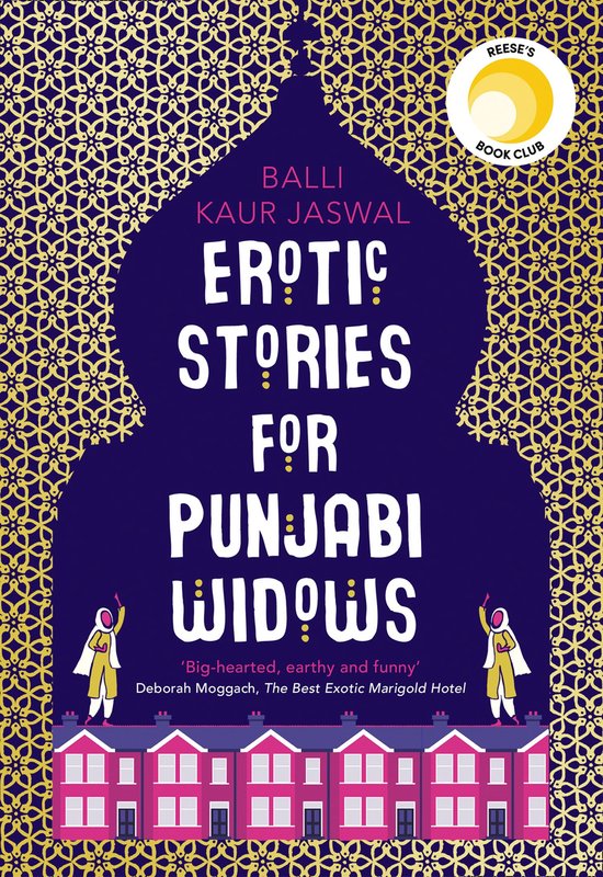 Boek 'Erotic Stories for Punjabi Widows' met Balli Kaur Jaswal als auteur, met een paarse achtergrond en gouden patronen, plus een rij roze huizen.