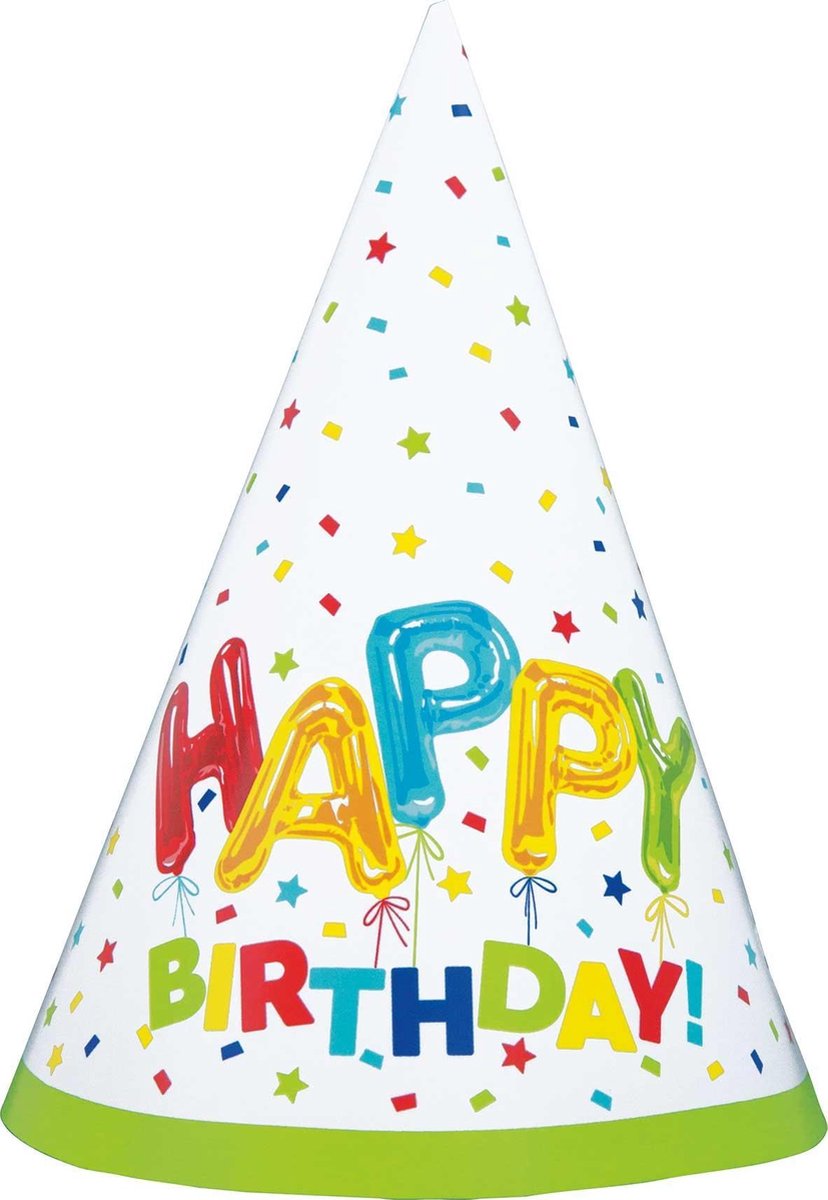 Haza Original Feesthoedjes Happy Balloon Birthday Wit 8 Stuks