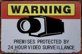 Bewaking Warning 24 hour video - Pas op 24 uur camera bewaking - METALEN WANDBORD RECLAMEBORD MUURPLAAT VINTAGE RETRO WANDDECORATIE TEKST DECORATIEBORD RECLAME NOSTALGIE  9901