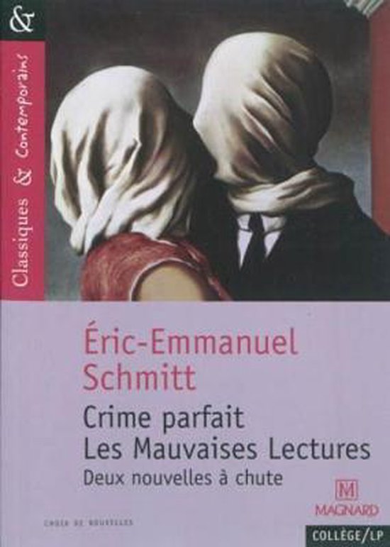 Couverture du livre "Crime parfait / Les mauvaises lectures" par Éric-Emmanuel Schmitt, avec deux figures drapées de tissus blancs.