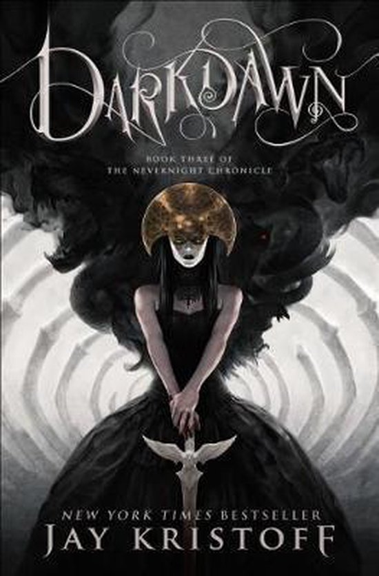 Boekomslag van 'Darkdawn', met een vrouw in een zwarte jurk, een gouden masker en een dolk.