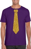 Toppers Paars fun t-shirt met stropdas in glitter goud heren L