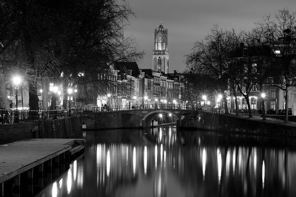 Poster Donker Utrecht - Zandbrug, Oudegracht en Domtoren - 60 x 40 cm - glanzend papier