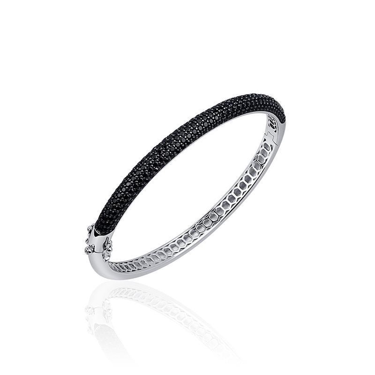 Jewels Inc. - Armband - Bangle Half Bol gezet met Zwart Zirkonia - 6mm Breed - Maat 60 - Gerhodineerd Zilver 925