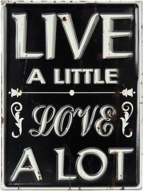 Tekstbord Live a little, love a lot - 30 x 40 cm - metaal - zwart - Clayre & Eef