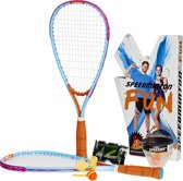 Speedminton FUN set - twee kleine lichtgewicht rackets - twee HELI Speeders - twee speedlights - in handige draagtas - lichtblauw/oranje