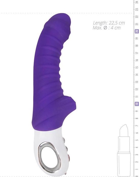 Paarse, gebogen vibrator met geribbelde textuur, witte handgreep met knoppen en afmetingen.