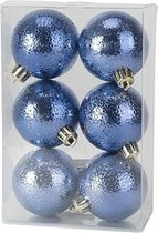 6x Donkerblauwe kunststof kerstballen 6 cm - Cirkel motief - Onbreekbare plastic kerstballen - Kerstboomversiering donkerblauw