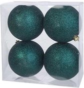 4x Petrol blauwe kunststof kerstballen 10 cm - Glitter - Onbreekbare plastic kerstballen - Kerstboomversiering petrol blauw