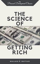 De voorkant van het boek 'The Science of Getting Rich' met op de achtergrond Amerikaanse honderd-dollarbiljetten.