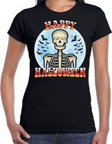 Happy Halloween skelet verkleed t-shirt zwart voor dames XS