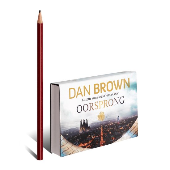 Dwarsligger boek "Oorsprong" van Dan Brown, naast een rode puntenslijper. Achtergrond stadsgezicht.