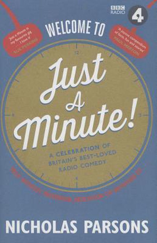 Boekomslag 'Welcome to Just a Minute!' met klok en logo's van BBC Radio 4.