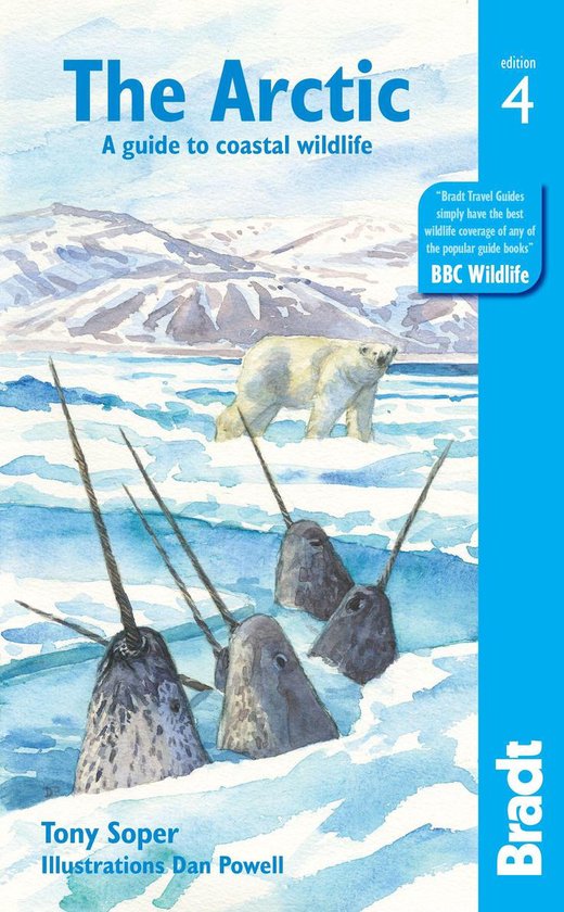 Boekomslag van 'The Arctic: A guide to coastal wildlife', editie 4. Een illustratie van narwallen en een ijsbeer in een ijzige omgeving.