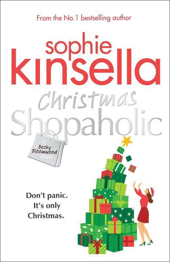 Boekomslag: "Christmas Shopaholic" van Sophie Kinsella. Met een kerstboom van cadeautjes en een kersttas met de tekst "Becky Bloomwood Novel".