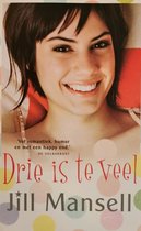 Boekomslag met lachende vrouw en de titel 'Drie is te veel' van Jill Mansell.