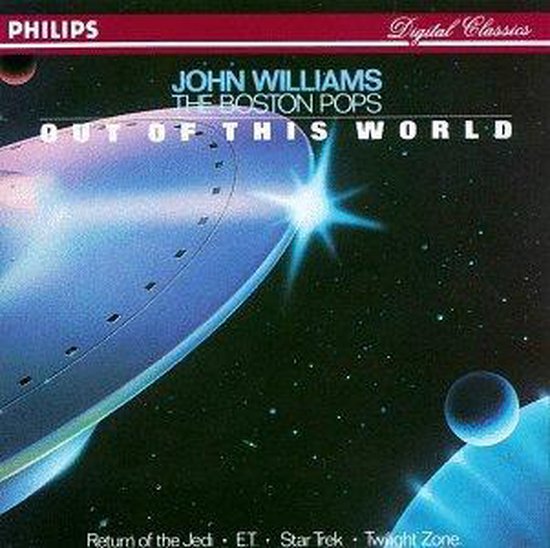 Pochette d'album avec un vaisseau spatial et des planètes, intitulé 'Out of This World' par John Williams et The Boston Pops.