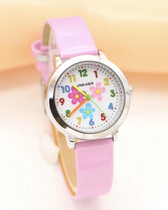 Meisjes horloge roze met bloem afbeelding en leer bandje | bol.com