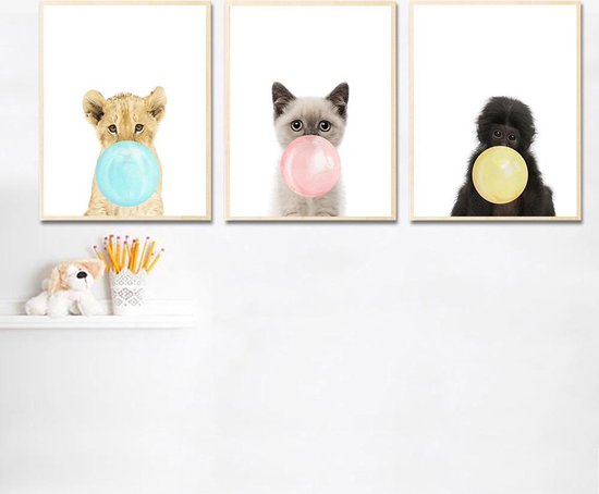 Postercity - Design Canvas Poster Poesje/Kitten met Roze Kauwgom / Kinderkamer / Muurdecoratie / 40 x 30cm / A3