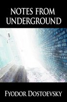 Boekhoes voor 'Notes from Underground' van Fyodor Dostoevsky, met de titel en auteur op een zwarte achtergrond boven een vervaagd beeld van een bakstenen muur.