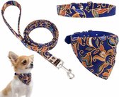 Halsbandenset hond - Vrolijke halsband, bandana en hondenriem - Uitlaat set voor honden - Blauw - Maat S