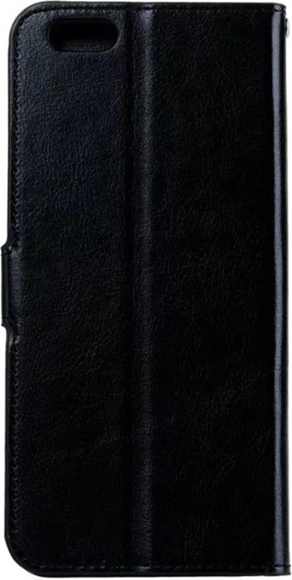 Étui portefeuille noir fermé pour téléphone, avec une fermeture magnétique sur le côté.