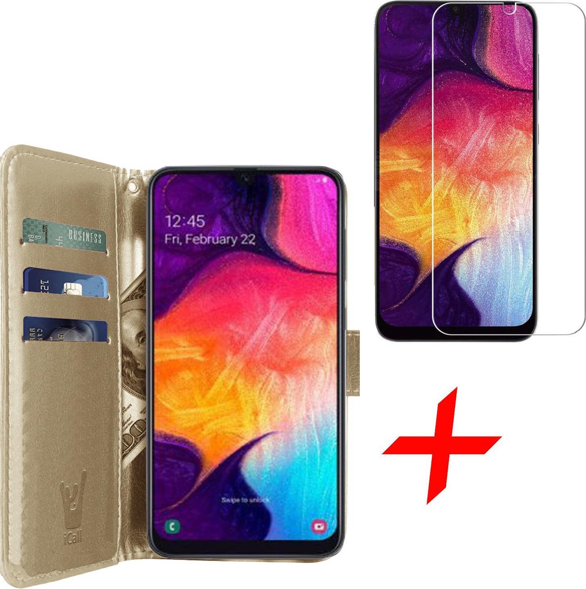 Hoesje geschikt voor Samsung Galaxy A30s - Screen Protector GlassGuard - Book Case Kunstleer Pasjeshouder Goud & Screenprotector