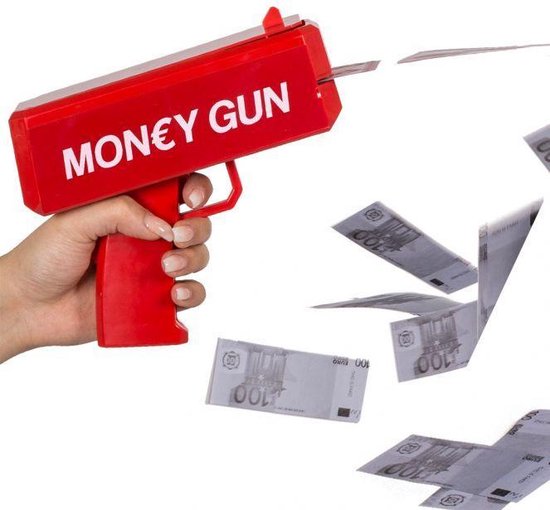 MikaMax Money Gun - Geld Pistool - Incl 100 Nepbiljetten van €100 - Werkt op 3 AAA-batterijen - Rood