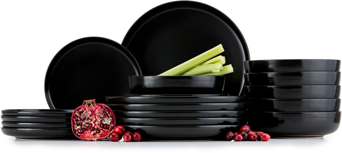 KONSIMO® VICTO - 18 delig - 6 persoons - Keramiek - Dessertbord, Diepbord, Dinerbord - Zwart